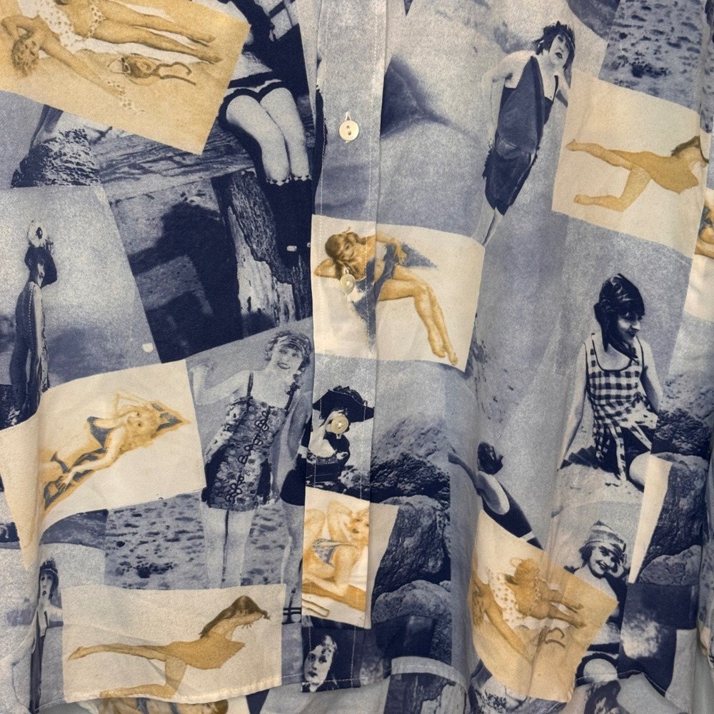 Paul & Joe Button-Up Shirt Vintage Pin-Up‎ Blue & Tan Photo Print Long Sleeve XL